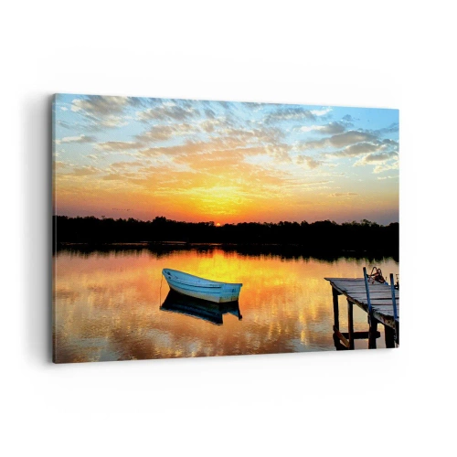 Quadro su tela - Stampe su Tela - Una barca su un lago calmo durante il tramonto - 120x80cm - Guarda, ascolta, medita - Decorazione murale moderna per soggiorno e camera da letto ARTTOR