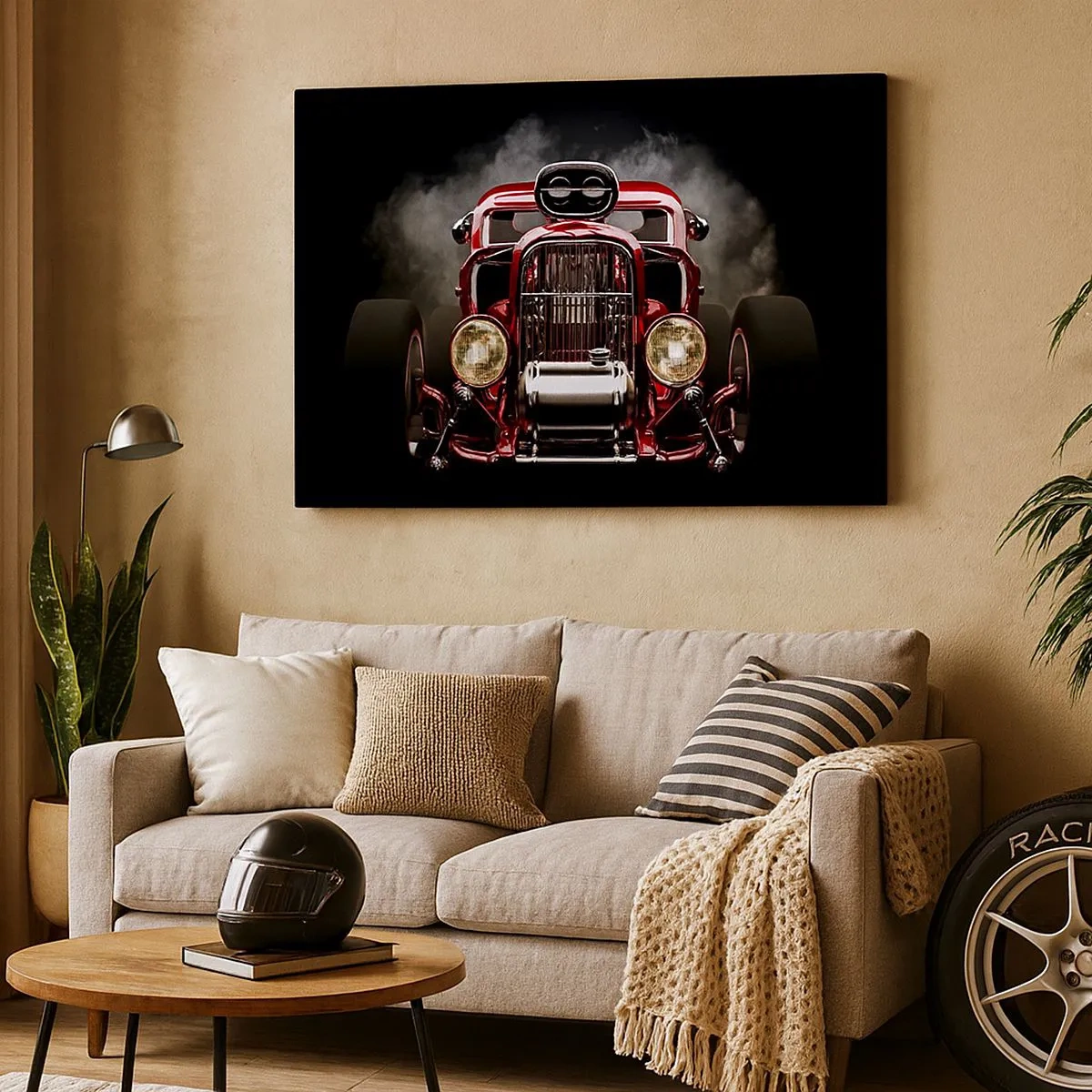Quadro su tela - Stampe su Tela - Auto da corsa classica rossa su sfondo scuro - 70x50cm - Fast and furiously beautiful - Decorazione murale moderna per soggiorno e camera da letto ARTTOR
