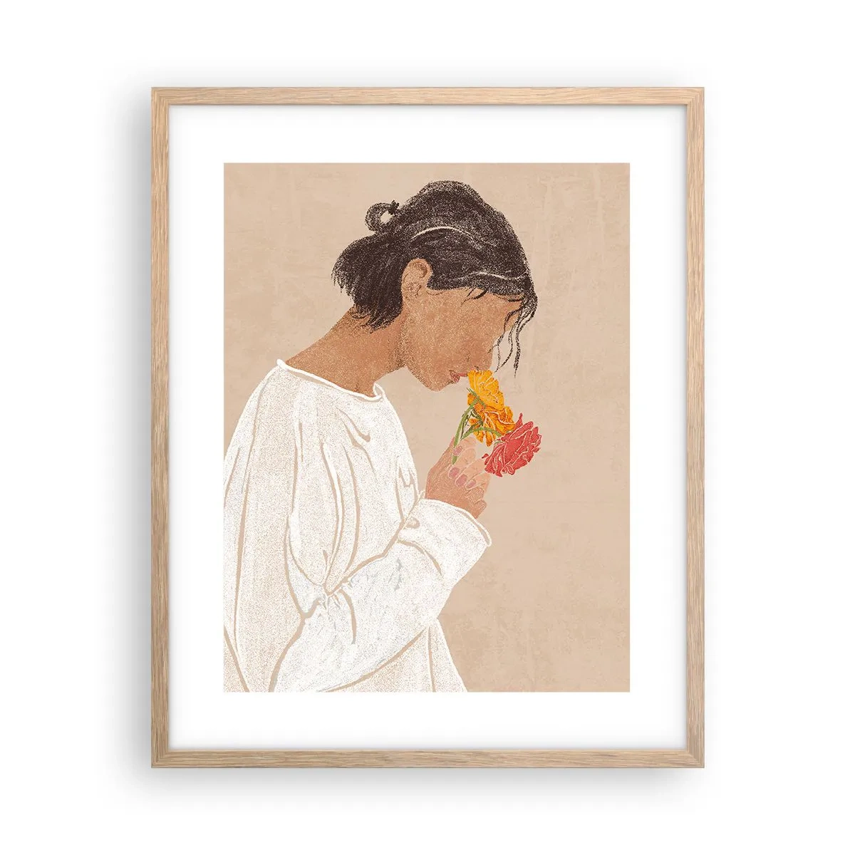 Poster in cornice rovere chiaro - Ragazza con i fiori - 40x50 cm