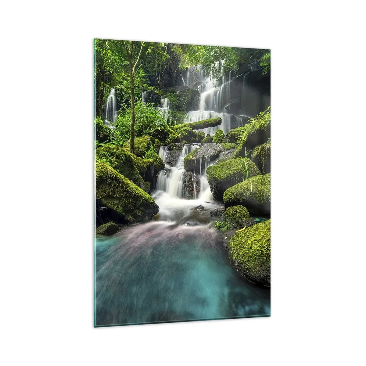 Quadro su vetro - Una cascata tropicale circondata dal verde e dall'acqua turchese - 80x120cm - Turchese, zaffiro e argento liquido - Decorazione murale moderna per soggiorno e camera da letto ARTTOR