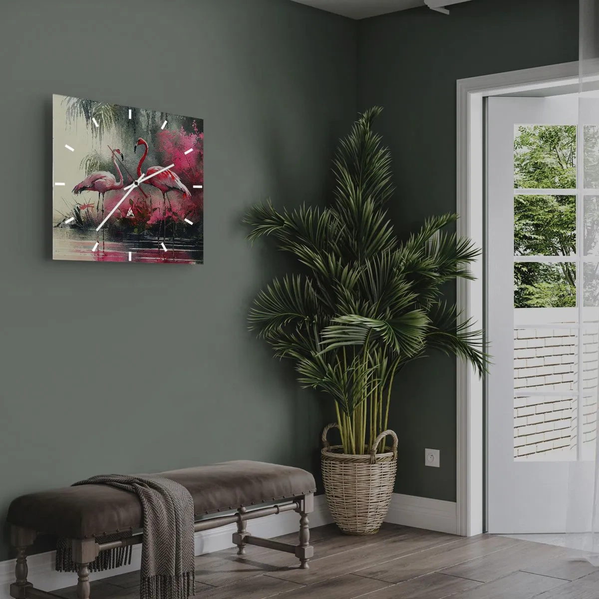 Orologio da parete - Orologio in Vetro - Fenicotteri in riva all'acqua circondati dalla vegetazione - 30x30cm - Lezione di naturale eleganza  - Decorazione murale moderna per soggiorno e camera da letto ARTTOR