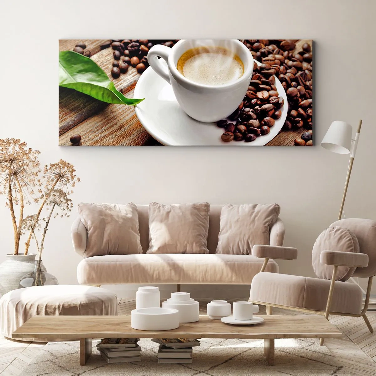 Quadro su tela - Stampe su Tela - Una tazza di caffè aromatico sullo sfondo di chicchi e una foglia - 160x50cm - Il caffè è pronto - Decorazione murale moderna per soggiorno e camera da letto ARTTOR
