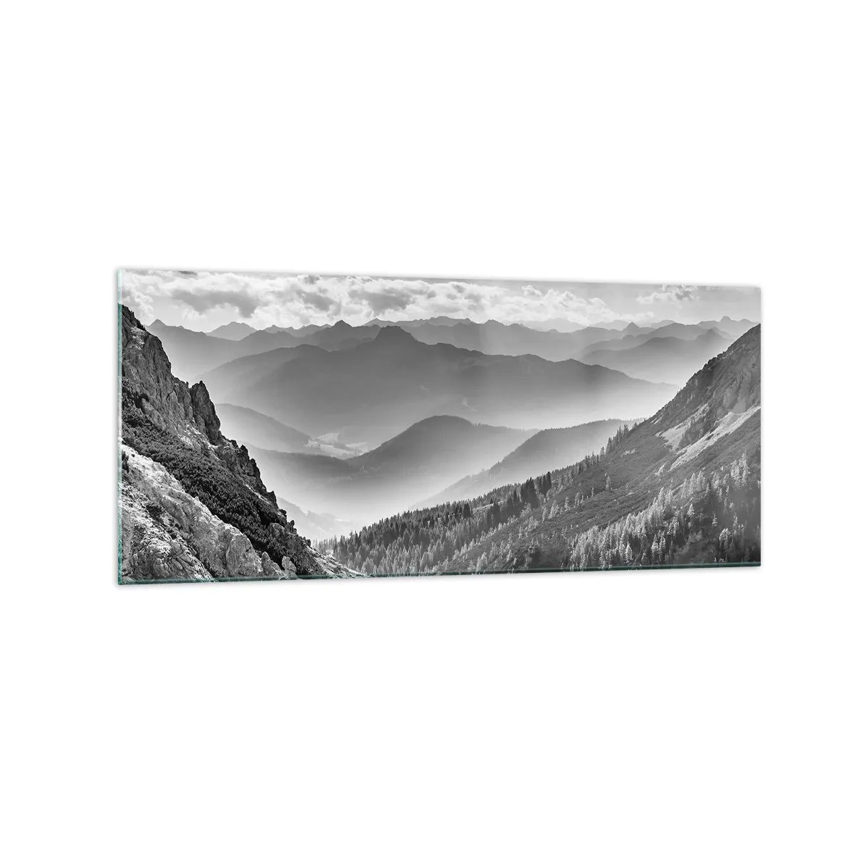 Quadro su vetro - Paesaggio montano in bianco e nero con nuvole sulle cime - 120x50cm - Fino all'orizzonte - Decorazione murale moderna per soggiorno e camera da letto ARTTOR