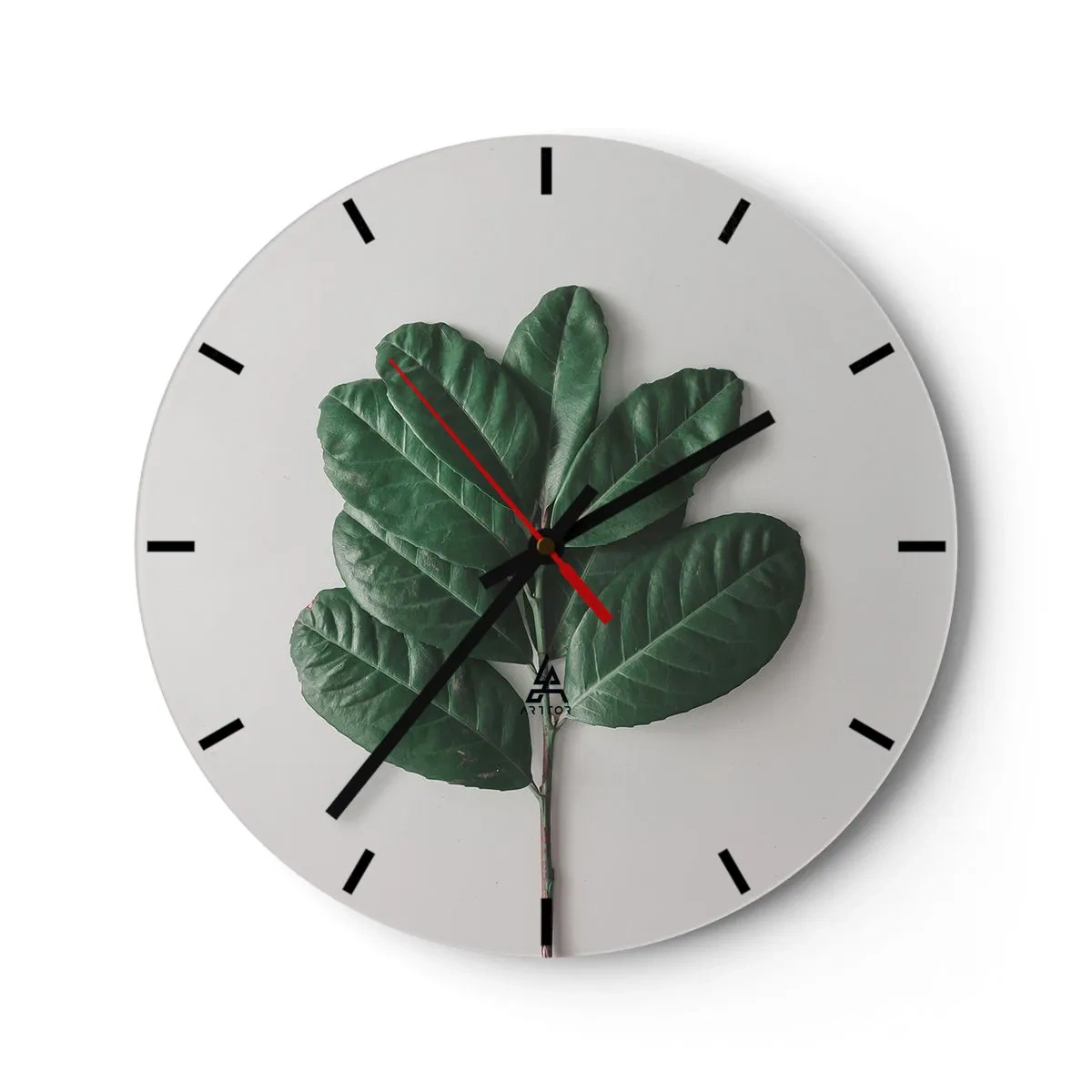 Orologio da parete - Orologio in Vetro - Un ramo verde con grandi foglie su uno sfondo chiaro - 30x30cm - Il disegno della natura stessa - Decorazione murale moderna per soggiorno, cucina e camera da letto ARTTOR