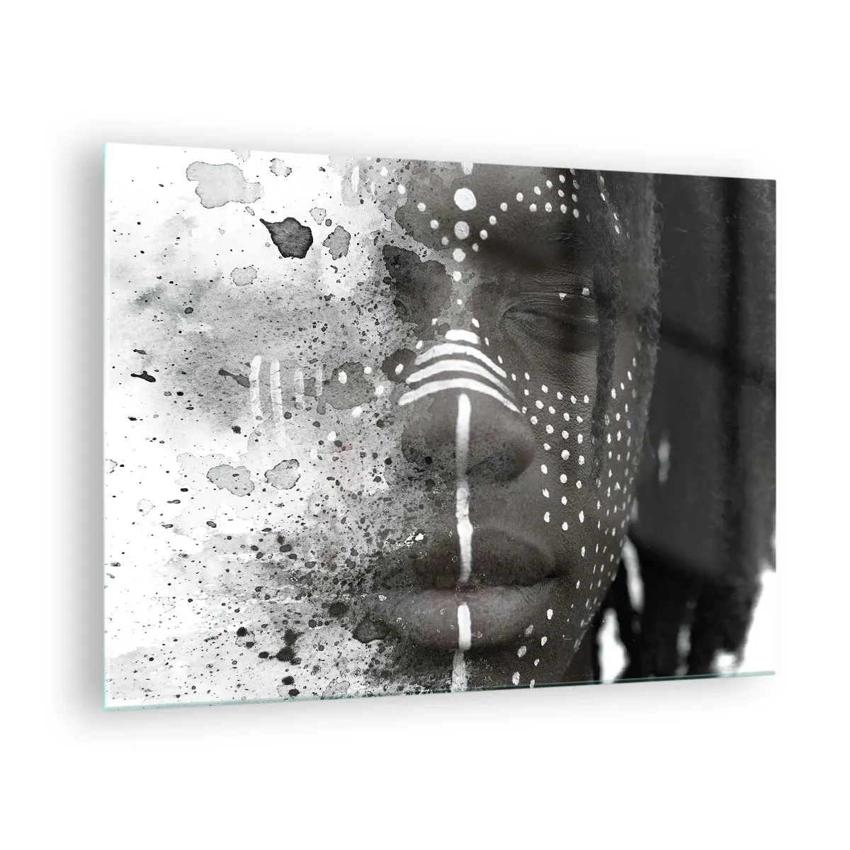 Quadro su vetro - Ritratto con motivi etnici in bianco e nero con effetto acquerello - 70x50cm - Scopri lo spirito primordiale - Decorazione murale moderna per soggiorno e camera da letto ARTTOR