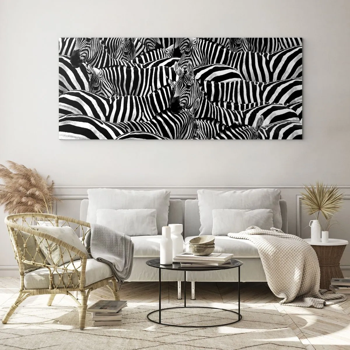 Quadro su vetro - Un gruppo di zebre con strisce bianche e nere che creano un motivo di simmetria. - 160x50cm - Ritratto collettivo a strisce - Decorazione murale moderna per soggiorno e camera da letto ARTTOR
