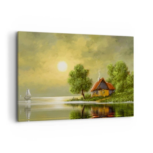 Quadro su tela - Stampe su Tela - Casa sul lago alla luce del tramonto - 100x70cm - Bello come un quadro - Decorazione murale moderna per soggiorno e camera da letto ARTTOR