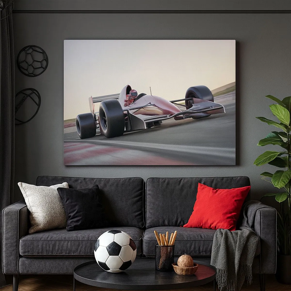 Quadro su tela - Stampe su Tela - Una macchina rossa di Formula 1 su una pista da corsa mentre guida - 70x50cm - Sempre vincente - Decorazione murale moderna per soggiorno e camera da letto ARTTOR
