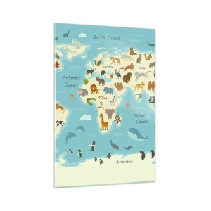 Quadro su vetro - Mappa del mondo con illustrazioni di animali - 70x100cm - Buoni vicini - Decorazione murale moderna per soggiorno e camera da letto ARTTOR