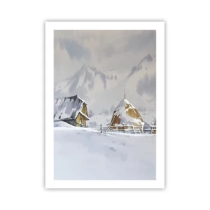 Poster - Paesaggio invernale con una casetta e un pagliaio in montagna - 50x70cm - Nella valle innevata - Decorazione murale moderna per soggiorno e camera da letto ARTTOR
