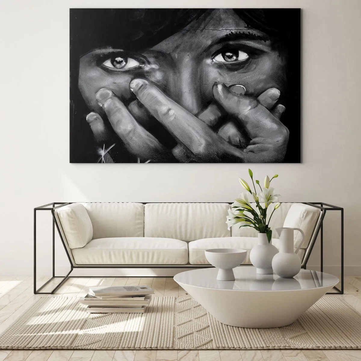 Quadro su vetro - Un ritratto in bianco e nero dallo sguardo emotivo - 70x50cm - Non dico chi l'ha dipinto - Decorazione murale moderna per soggiorno e camera da letto ARTTOR