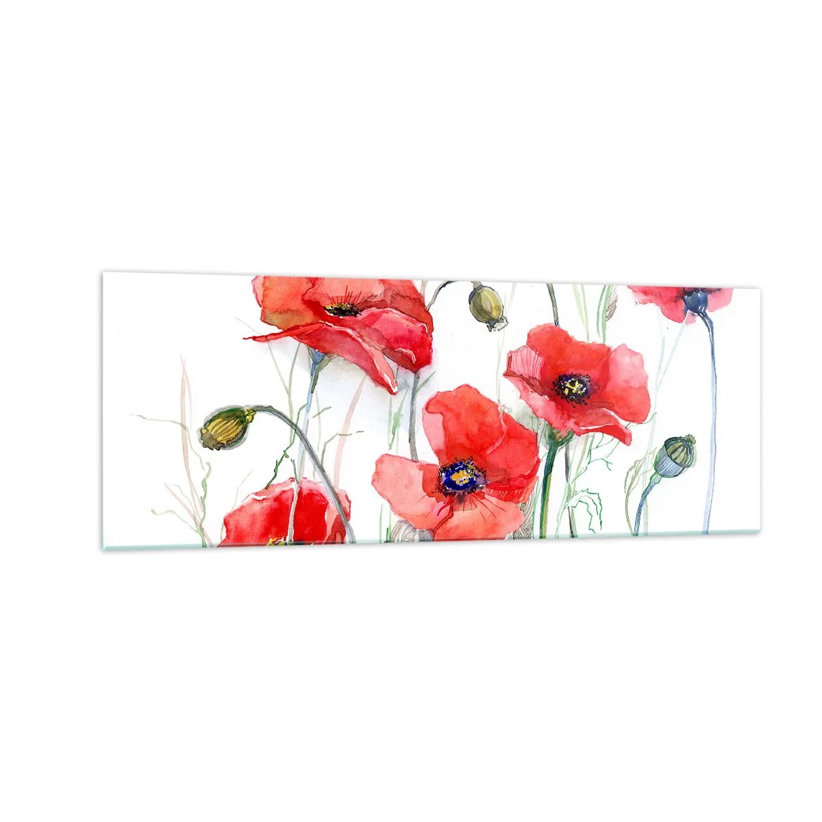 Quadro su vetro - Papaveri acquerellati su uno sfondo delicato - 140x50cm - Fiori polacchi - Decorazione murale moderna per soggiorno e camera da letto ARTTOR