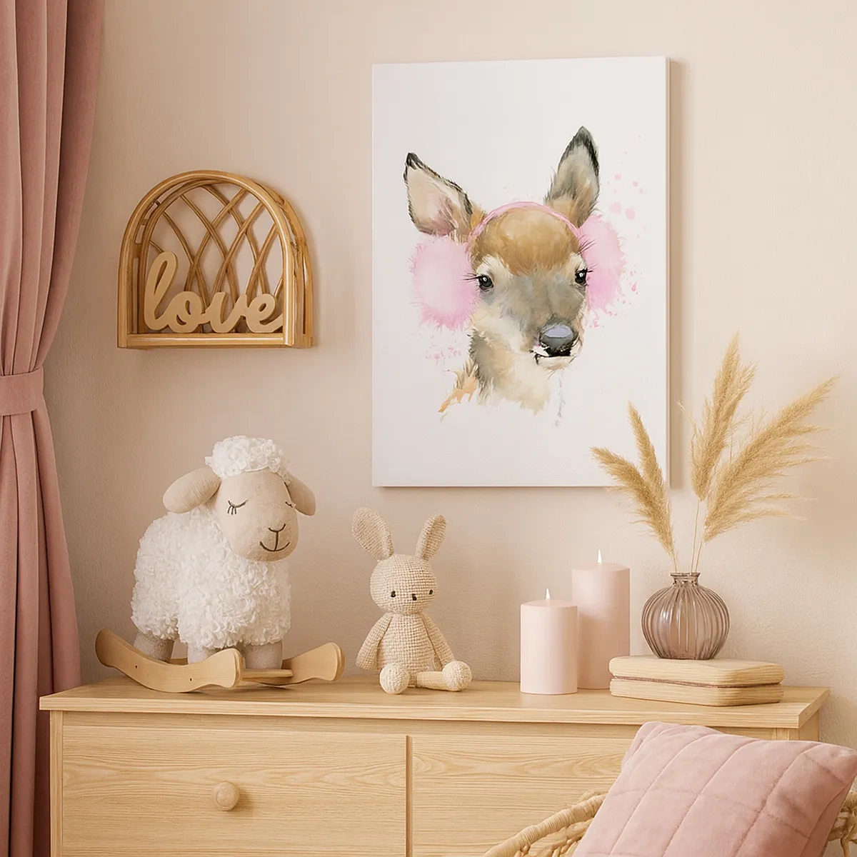 Quadro su tela - Stampe su Tela - Cervo acquerello con paraorecchie rosa - 50x70cm - E il gelo non mette più paura - Decorazione murale moderna per soggiorno e camera da letto ARTTOR