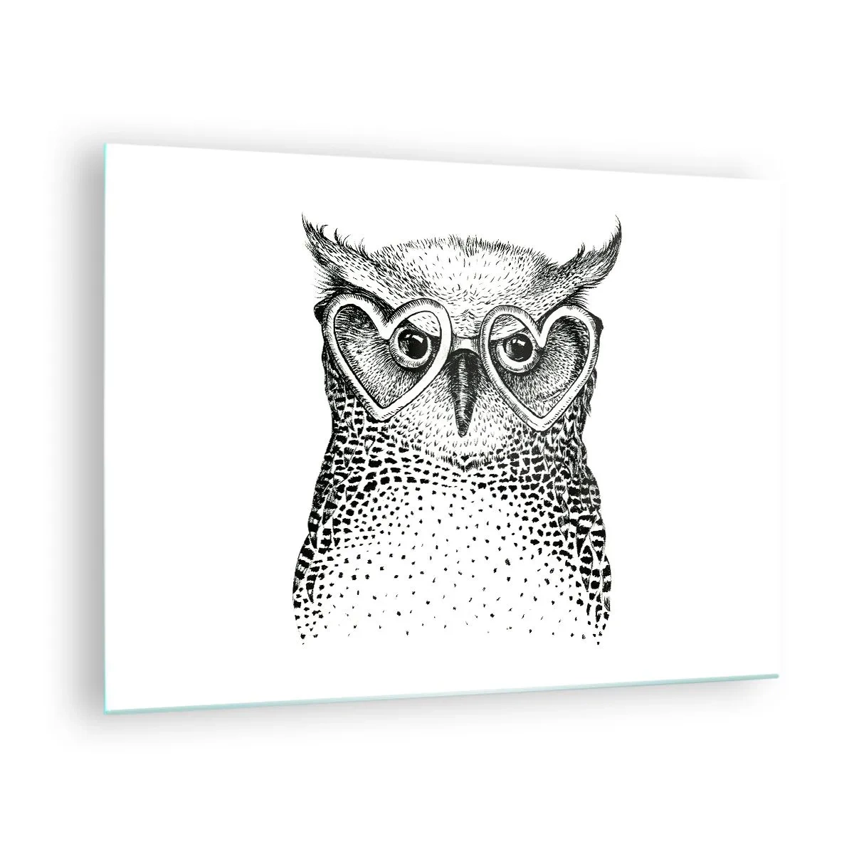 Quadro su vetro - Illustrazione di un gufo che indossa occhiali a forma di cuore - 70x50cm - Saggiamente e con amore - Decorazione murale moderna per soggiorno e camera da letto ARTTOR