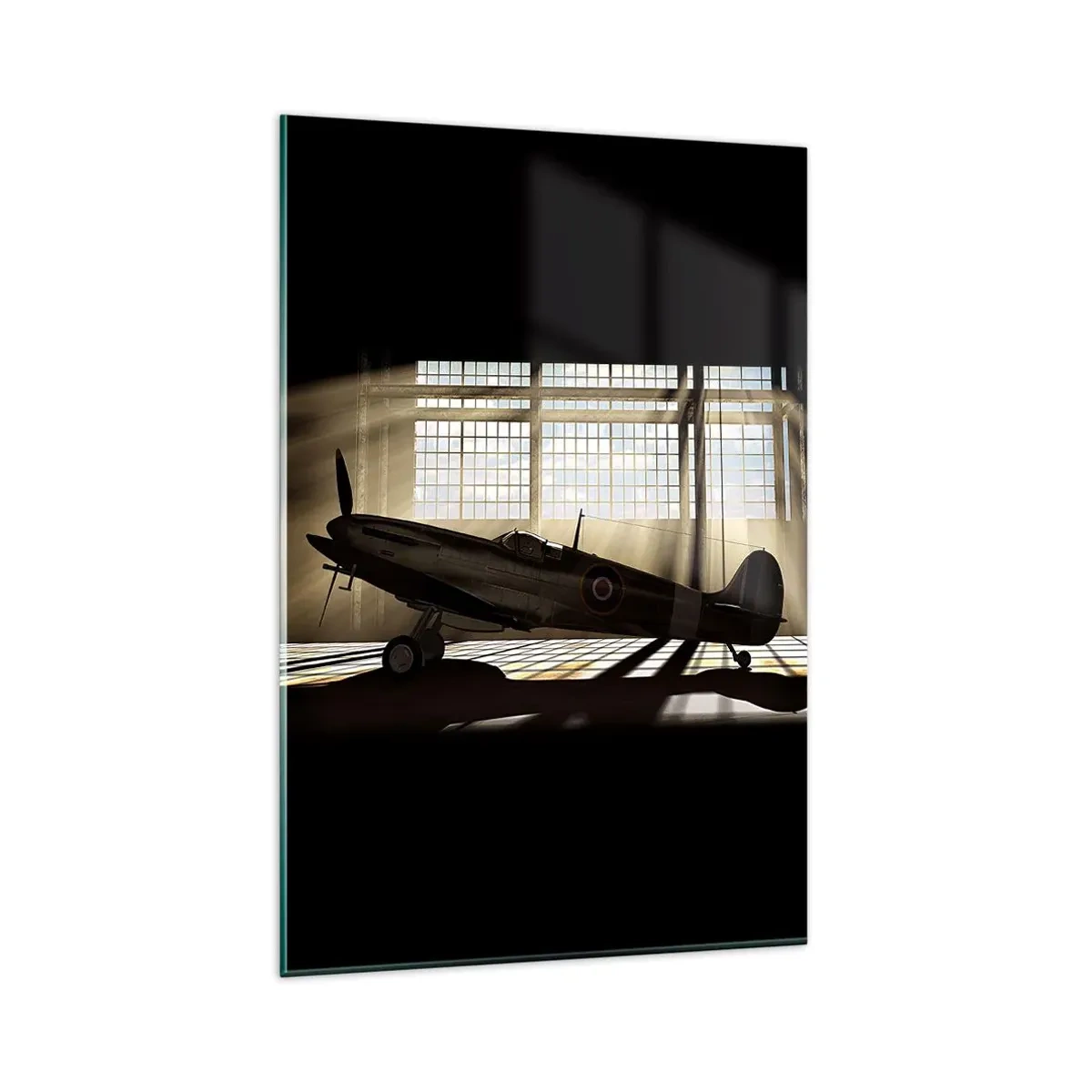 Quadro su vetro - Un aereo storico in un hangar illuminato dalla luce del sole - 80x120cm - Il riposo del guerriero - Decorazione murale moderna per soggiorno e camera da letto ARTTOR
