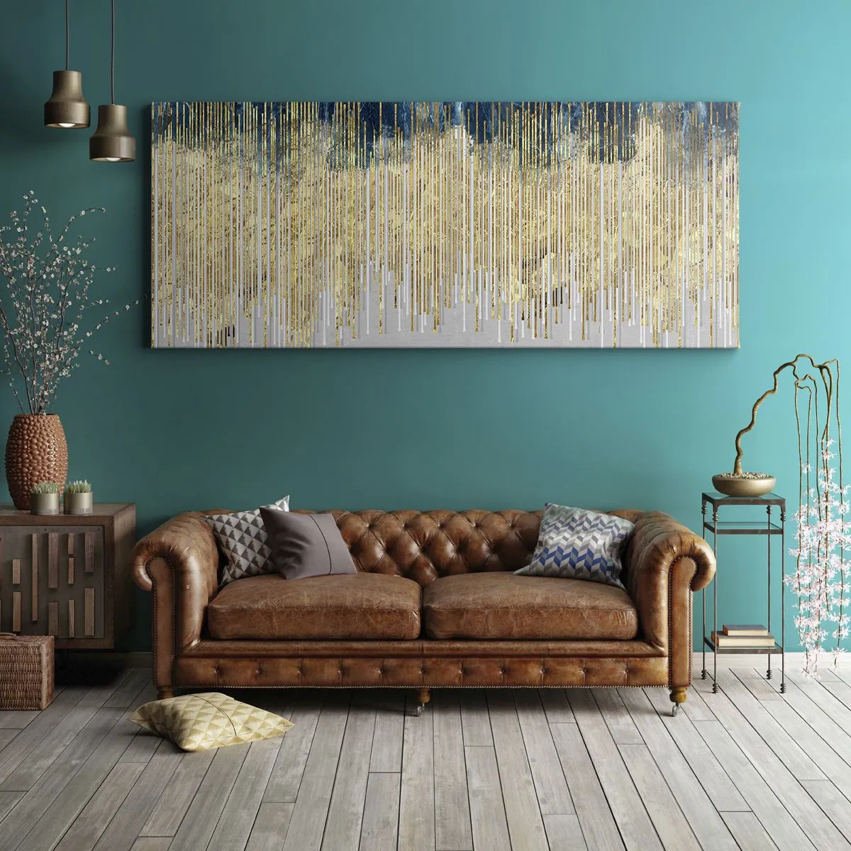 Quadro su tela - Stampe su Tela - Linee dorate su uno sfondo di blu navy e grigio astratto - 160x50cm - Confine dorato - Decorazione murale moderna per soggiorno e camera da letto ARTTOR