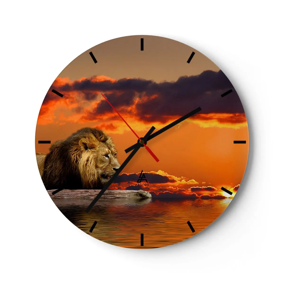 Orologio da parete - Orologio in Vetro - Un leone che riposa sullo sfondo di un tramonto - 30x30cm - Il re della natura - Decorazione murale moderna per soggiorno, cucina e camera da letto ARTTOR