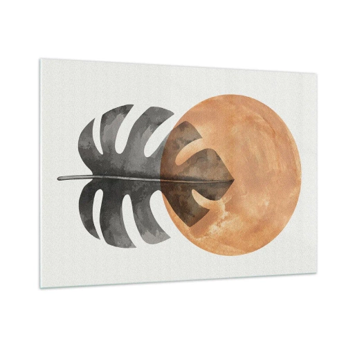 Quadro su vetro - Foglia di monstera e cerchio arancione in stile grafico su sfondo bianco. - 100x70cm - Sempre il sole - Decorazione murale moderna per soggiorno e camera da letto ARTTOR