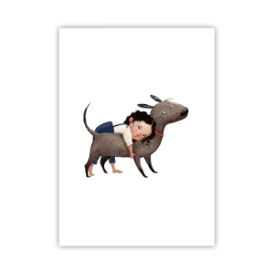 Poster - Illustrazione di un bambino che abbraccia un cane su uno sfondo bianco - 50x70cm - I migliori amici - Decorazione murale moderna per soggiorno e camera da letto ARTTOR