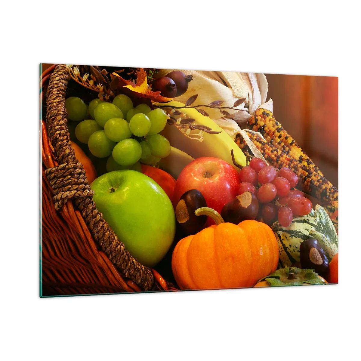 Quadro su vetro - Un cesto pieno di frutta e verdura in una composizione autunnale - 120x80cm - Cesta dell'abbondanza - Decorazione murale moderna per soggiorno e camera da letto ARTTOR