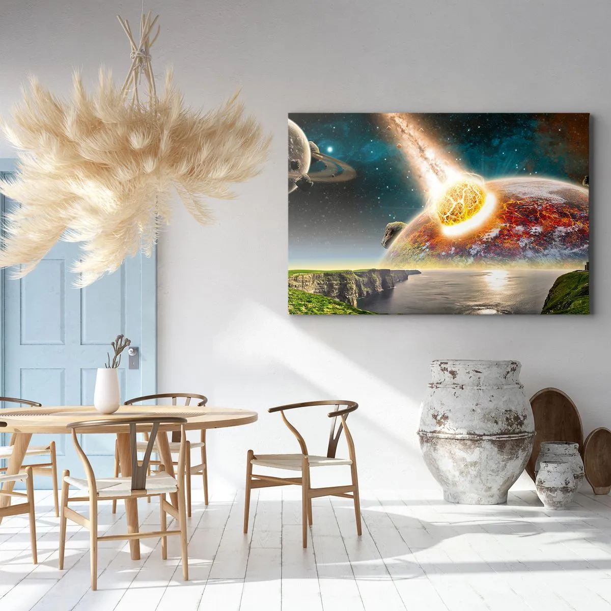 Quadro su tela - Stampe su Tela - Un meteorite si scontra con un pianeta in un paesaggio cosmico. - 120x80cm - Dramma cosmico - Decorazione murale moderna per soggiorno e camera da letto ARTTOR