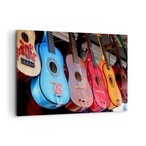Quadro su tela - Stampe su Tela - Chitarre acustiche colorate sono appese in fila in mostra - 120x80cm - Atmosfera latina - Decorazione murale moderna per soggiorno e camera da letto ARTTOR