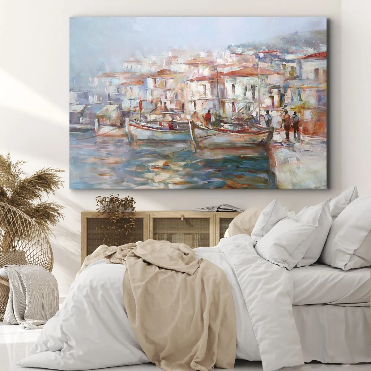 Quadro su tela - Stampe su Tela - Impressione del porto con barche ed edifici - 70x50cm - Vacanze in pastello - Decorazione murale moderna per soggiorno e camera da letto ARTTOR