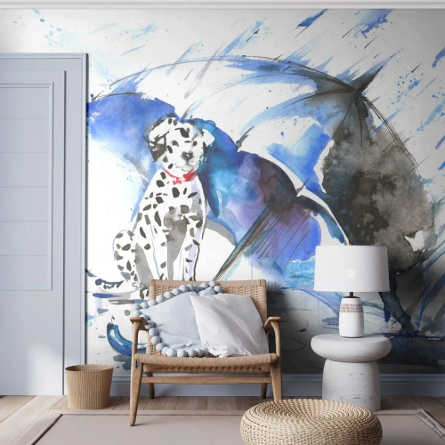 Fotomurali Standard Eco - Dalmata sotto un ombrello blu sotto la pioggia - 100x70cm - Ecco a cosa serve un amico - Decorazione murale moderna per soggiorno e camera da letto ARTTOR