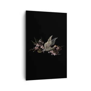 Quadro su tela - Stampe su Tela - Un uccello in volo con fiori su sfondo nero - 80x120cm - Uccello esotico ricamato - Decorazione murale moderna per soggiorno e camera da letto ARTTOR