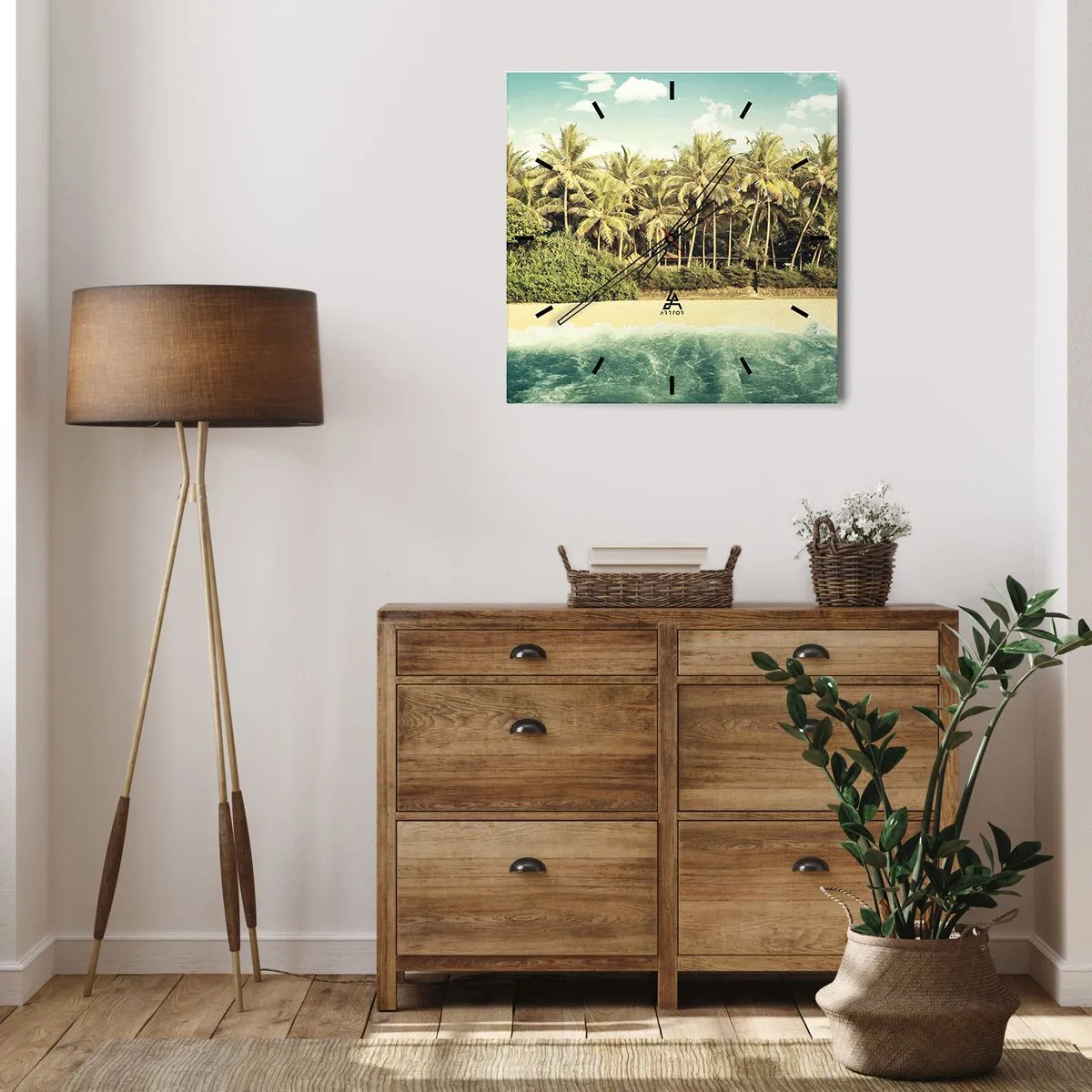 Orologio da parete - Orologio in Vetro - Spiaggia tropicale con palme e mare turchese - 30x30cm - Forse qui? - Decorazione murale moderna per soggiorno e camera da letto ARTTOR