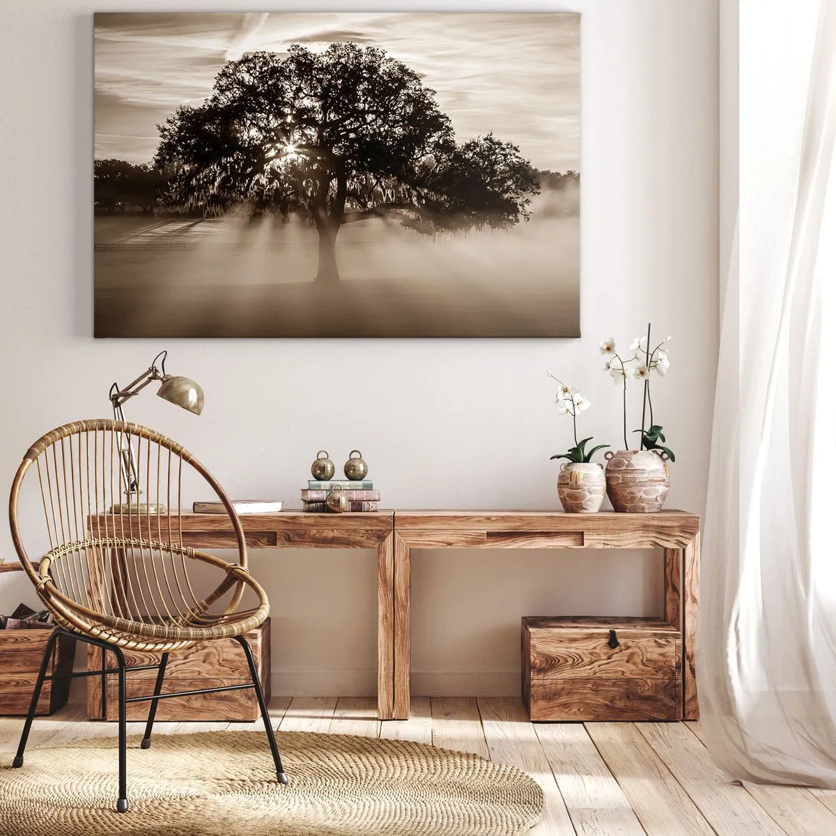 Quadro su tela - Stampe su Tela - Raggi di sole che brillano attraverso un albero solitario - 120x80cm - L'albero delle sole buone notizie - Decorazione murale moderna per soggiorno e camera da letto ARTTOR