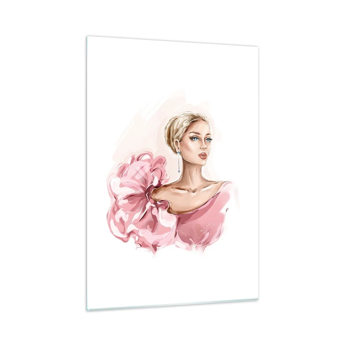 Quadro su vetro - Ritratto stilizzato di una donna in abito rosa - 50x70cm - Come un quadro... - Decorazione murale moderna per soggiorno e camera da letto ARTTOR
