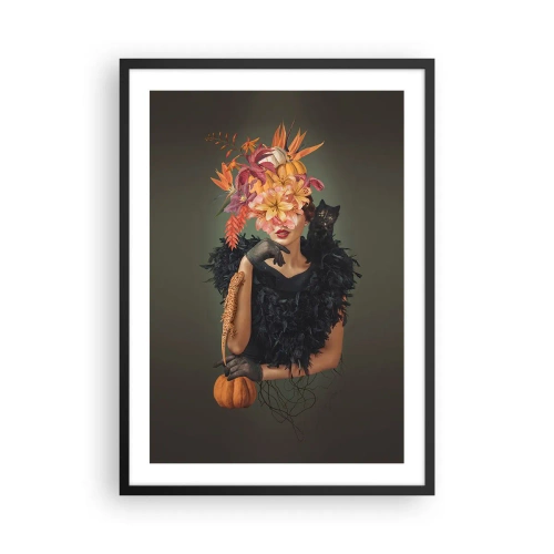 Poster in cornice nera - Ritratto artistico di una donna con fiori, una zucca e un gatto nero. - 50x70cm - L'incantesimo della strega - Decorazione murale moderna per soggiorno e camera da letto ARTTOR