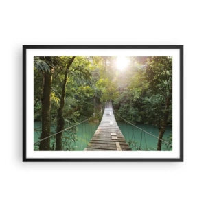 Poster in cornice nera - Un ponte sospeso in una foresta tropicale illuminato dalla luce del sole. - 70x50cm - Sull'acqua azzurra verso il bosco azzurro - Decorazione murale moderna per soggiorno e camera da letto ARTTOR