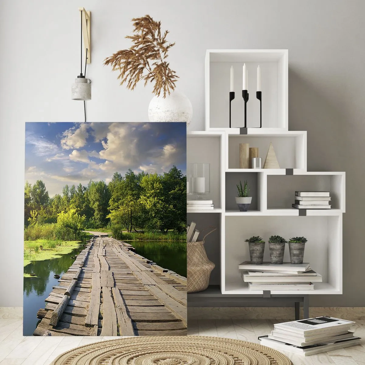 Quadro su vetro - Un paesaggio pittoresco con un ponte e un cigno - 70x100cm - Estate, estate ovunque - Decorazione murale moderna per soggiorno e camera da letto ARTTOR