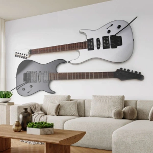 Fotomurali Standard Eco - Chitarra elettrica in bianco e nero su sfondo bianco - 100x70cm - Armonia delle forme - Decorazione murale moderna per soggiorno e camera da letto ARTTOR