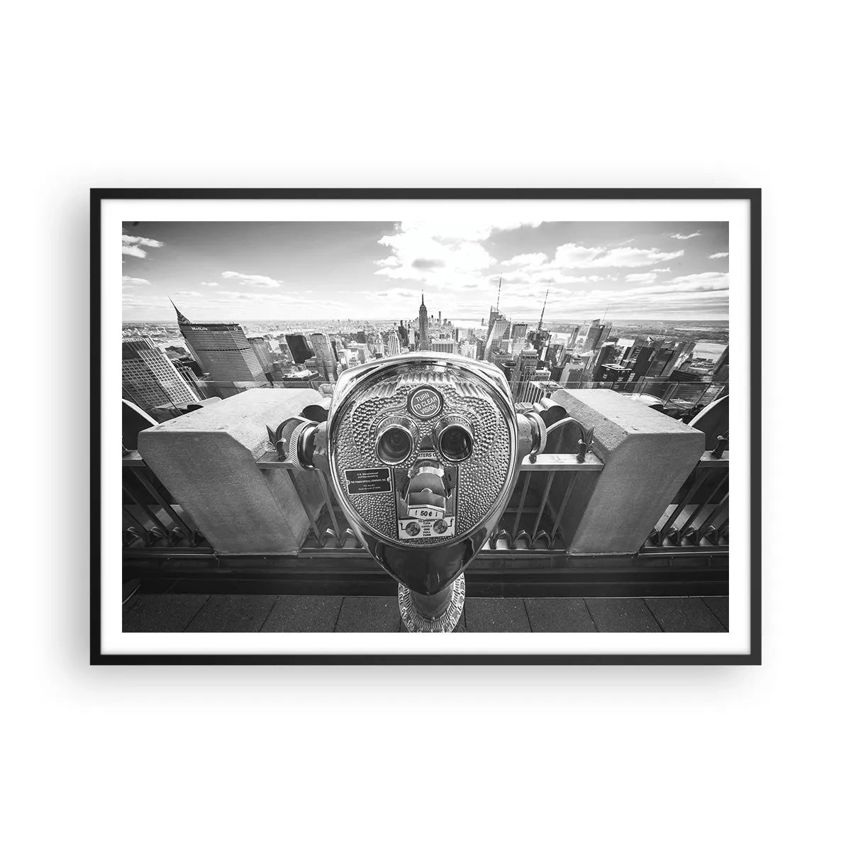 Poster in cornice nera - Vista monocromatica attraverso il telescopio del panorama della città - 100x70cm - Il centro del mondo - Decorazione murale moderna per soggiorno e camera da letto ARTTOR