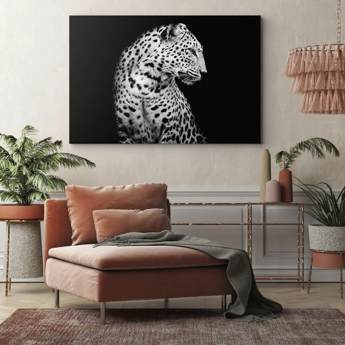 Quadro su tela - Stampe su Tela - Immagine in bianco e nero di un leopardo su sfondo nero - 120x80cm - Profilo destro perfetto! - Decorazione murale moderna per soggiorno e camera da letto ARTTOR
