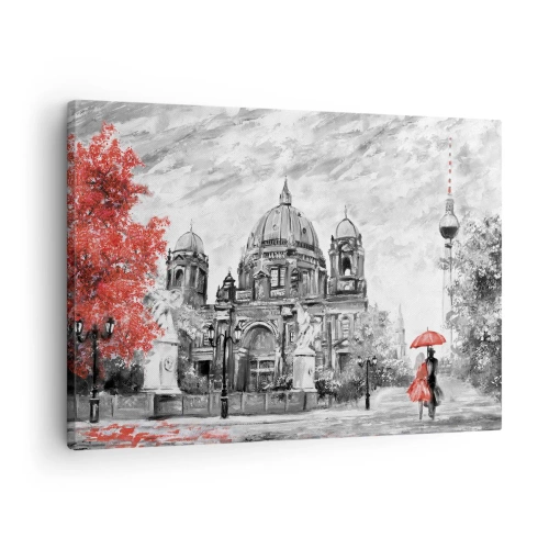 Quadro su tela - Stampe su Tela - Scena in bianco e nero con Berlino, un ombrello rosso e un albero - 70x50cm - Incontro a Berlino - Decorazione murale moderna per soggiorno e camera da letto ARTTOR