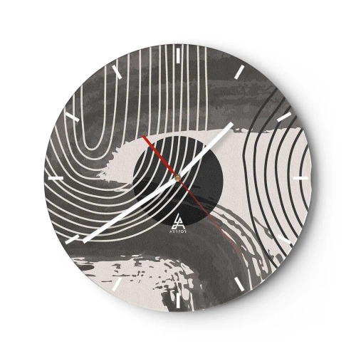Orologio da parete - Orologio in Vetro - Linee bianche e nere in un ritmo ondulato che circondano un cerchio nero - 30x30cm - L'ovale vittorioso - Decorazione murale moderna per soggiorno, cucina e camera da letto ARTTOR