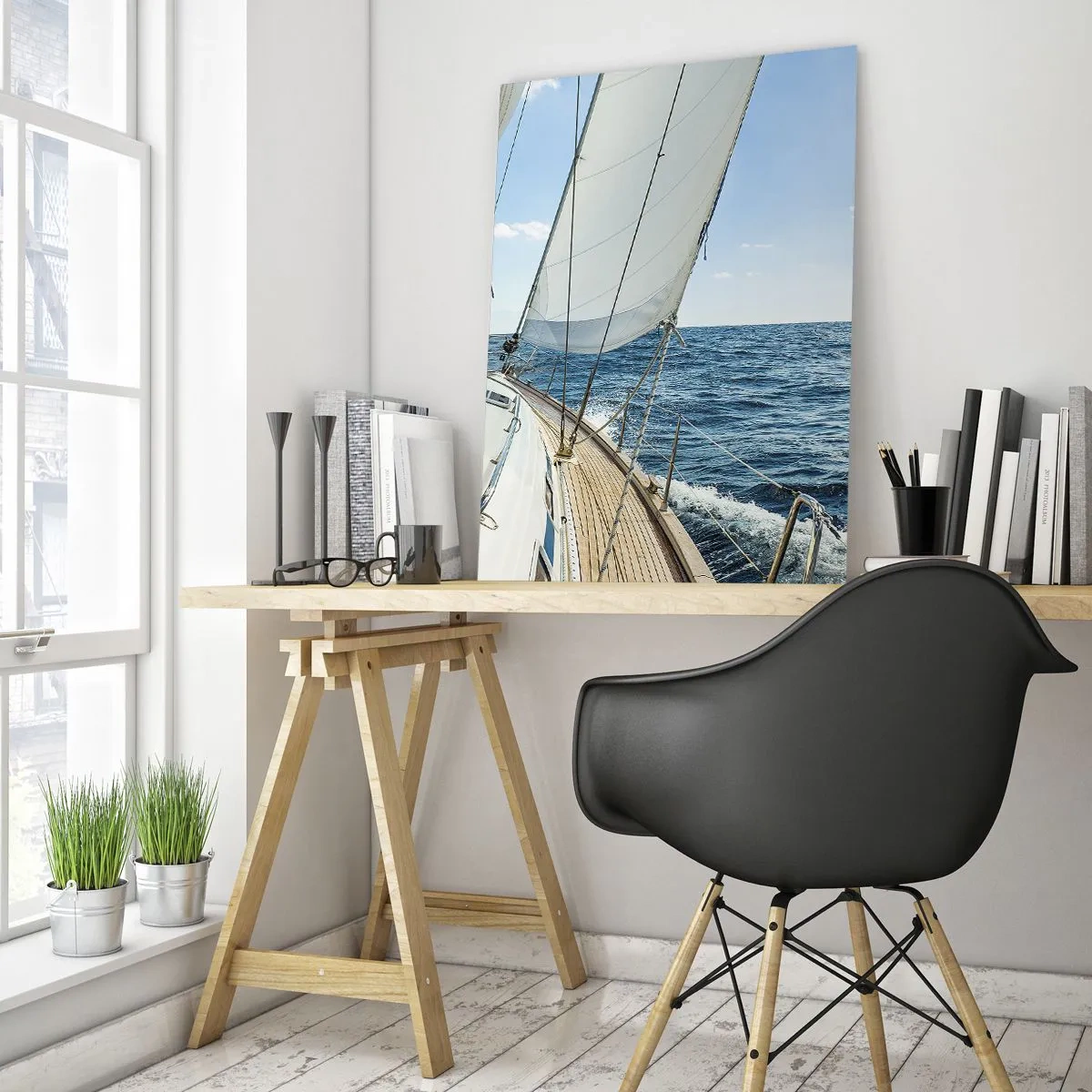 Quadro su vetro - Uno yacht in mare aperto con le vele spiegate - 50x70cm - Benvenuta avventura - Decorazione murale moderna per soggiorno e camera da letto ARTTOR