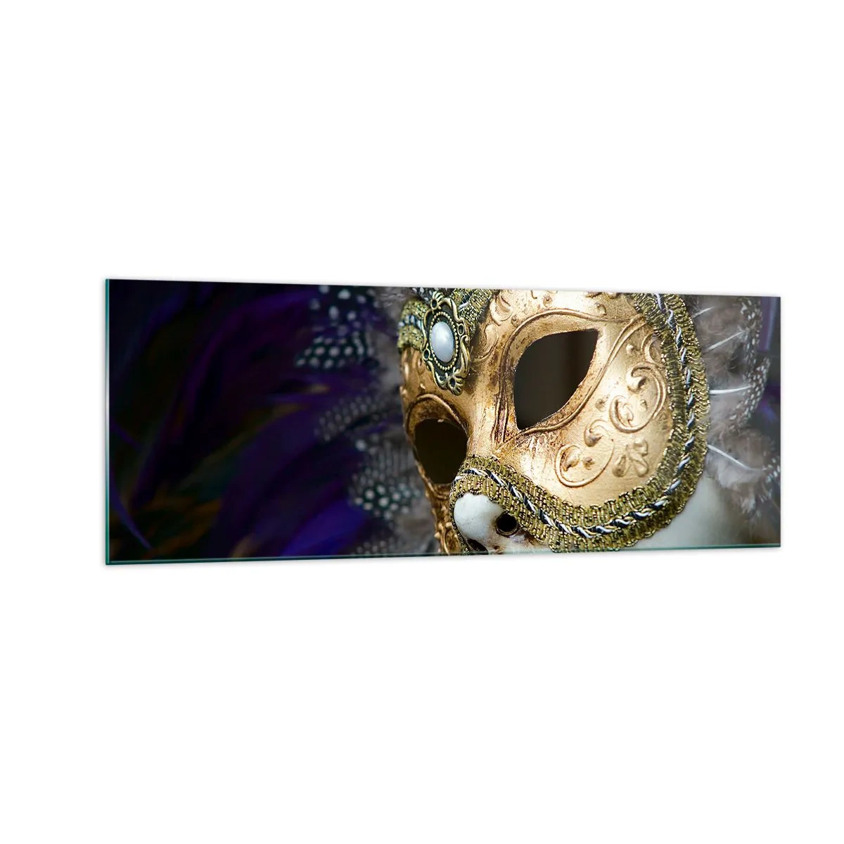 Quadro su vetro - Maschera veneziana dorata con piume decorative e ornamenti - 140x50cm - Ritratto di Venezia in oro - Decorazione murale moderna per soggiorno e camera da letto ARTTOR