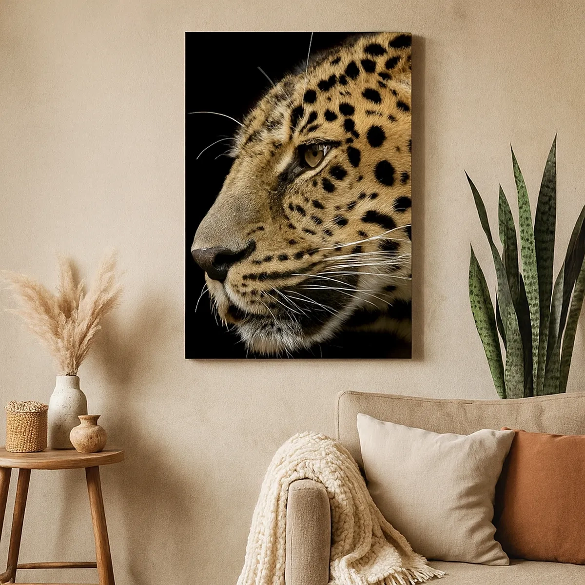 Quadro su tela - Stampe su Tela - Primo piano della testa di un leopardo su uno sfondo nero - 50x70cm - Calmo, concentrato, pronto - Decorazione murale moderna per soggiorno e camera da letto ARTTOR