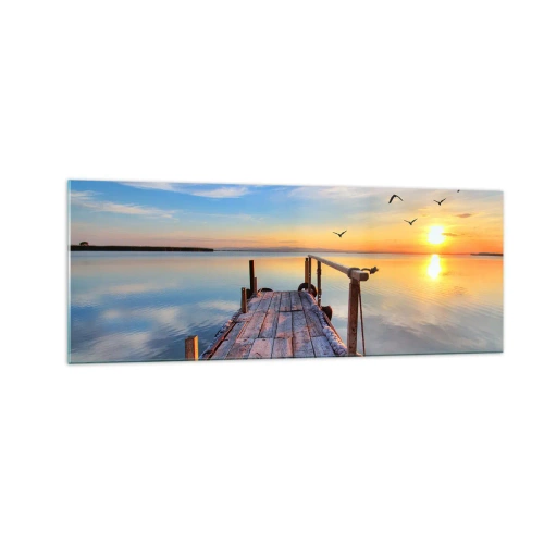 Quadro su vetro - Molo di legno al tramonto su un lago calmo - 140x50cm - Camminando verso il sole - Decorazione murale moderna per soggiorno e camera da letto ARTTOR