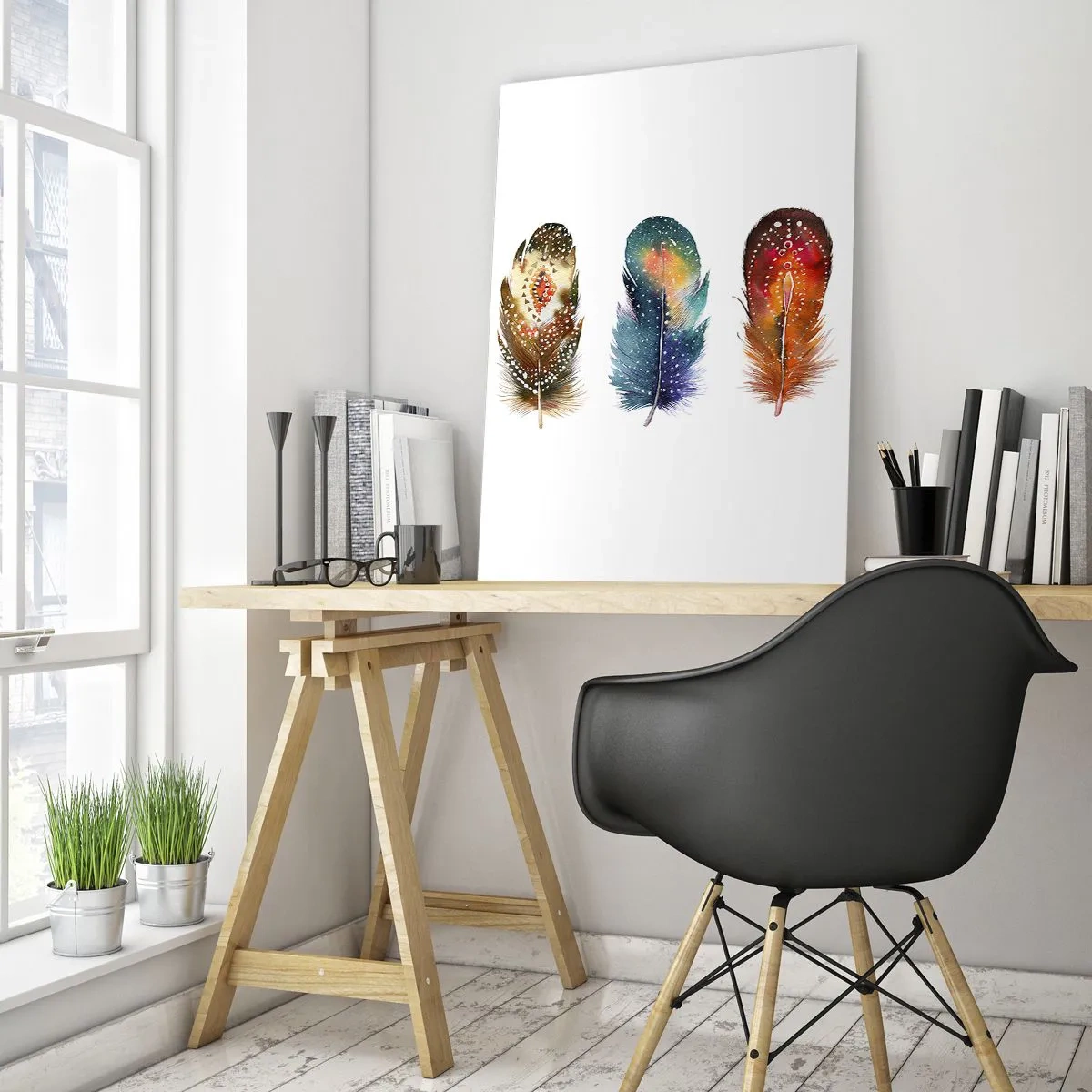 Quadro su vetro - Tre piume colorate con motivi etnici - 50x70cm - Cerimonie, riti, misteri - Decorazione murale moderna per soggiorno e camera da letto ARTTOR