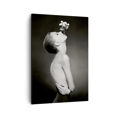Quadro su tela - Stampe su Tela - Silhouette in bianco e nero di una donna con un fiore - 50x70cm - Eleganza eccentrica - Decorazione murale moderna per soggiorno e camera da letto ARTTOR