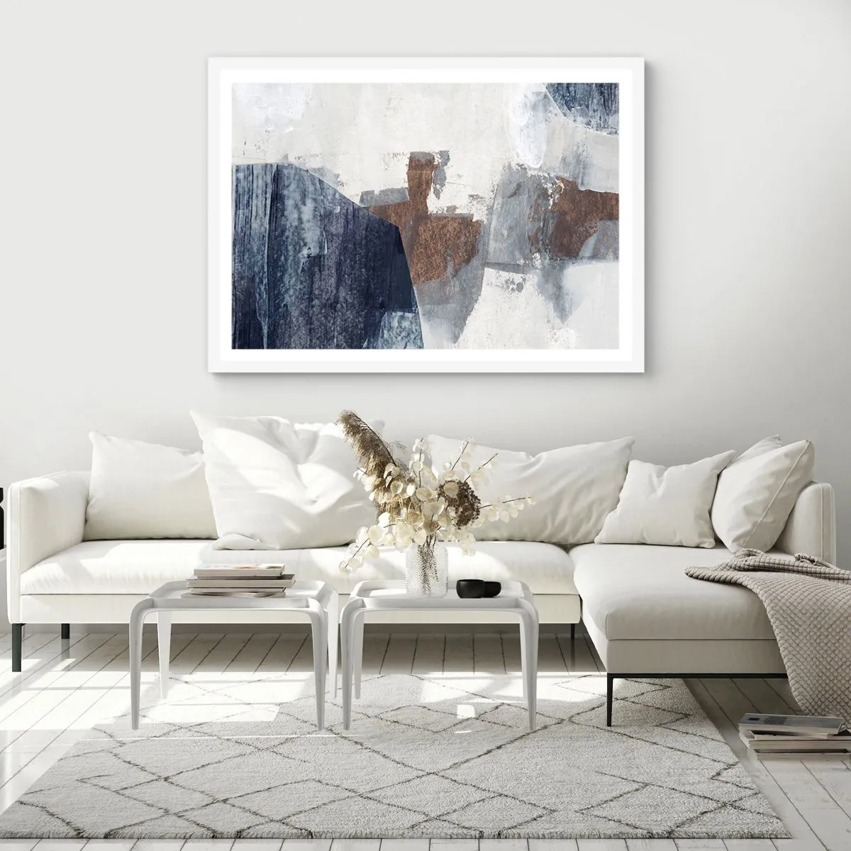 Poster in cornice bianca - Forme blu e marroni - 50x40 cm