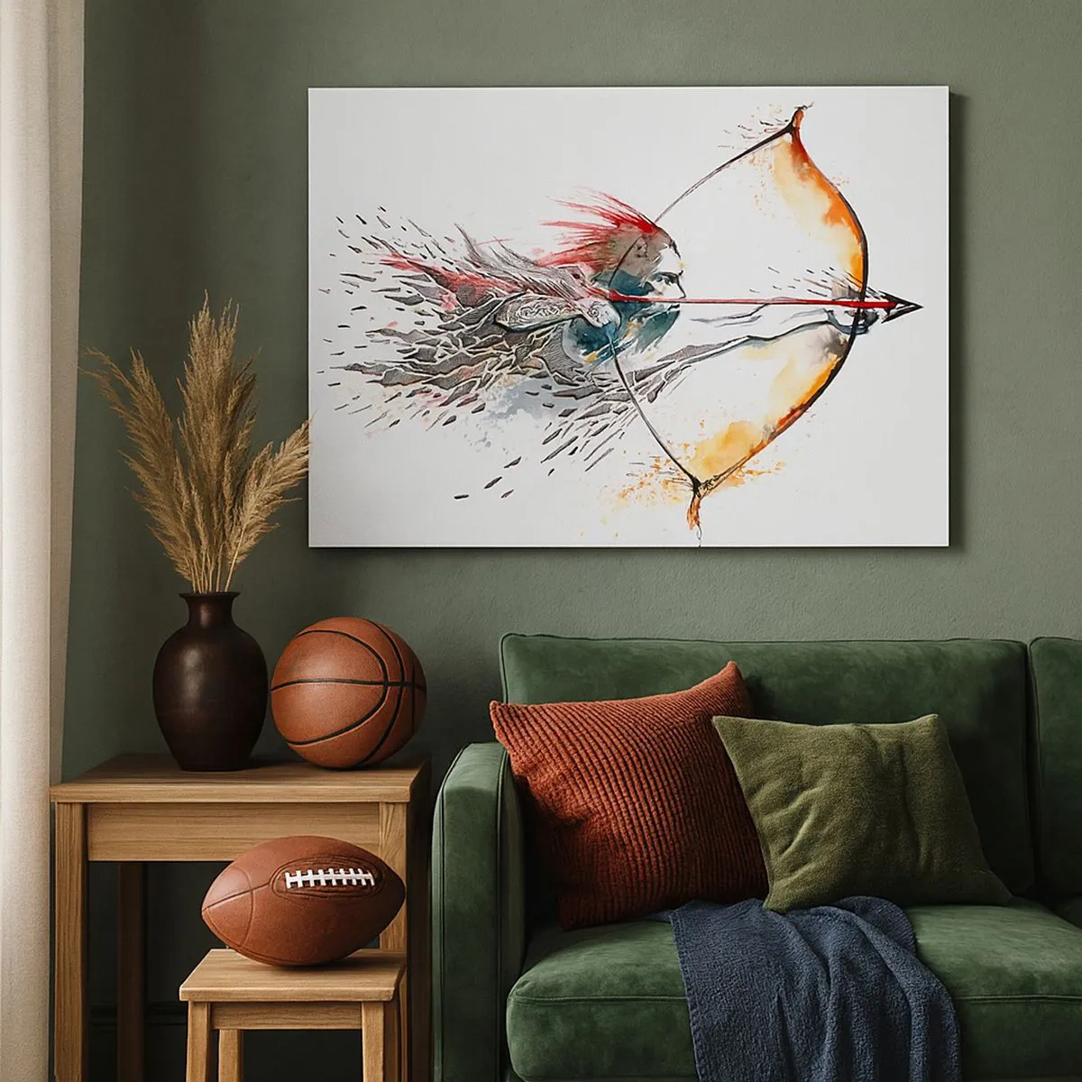 Quadro su tela - Stampe su Tela - Dipinto ad acquerello dinamico di un guerriero con arco e frecce - 70x50cm - Mitico guerriero con arco infuocato - Decorazione murale moderna per soggiorno e camera da letto ARTTOR