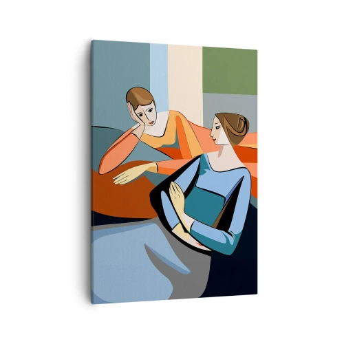 Quadro su tela - Stampe su Tela - Illustrazione astratta di due donne in stile cubista - 50x70cm - Il momento delle confidenze - Decorazione murale moderna per soggiorno e camera da letto ARTTOR