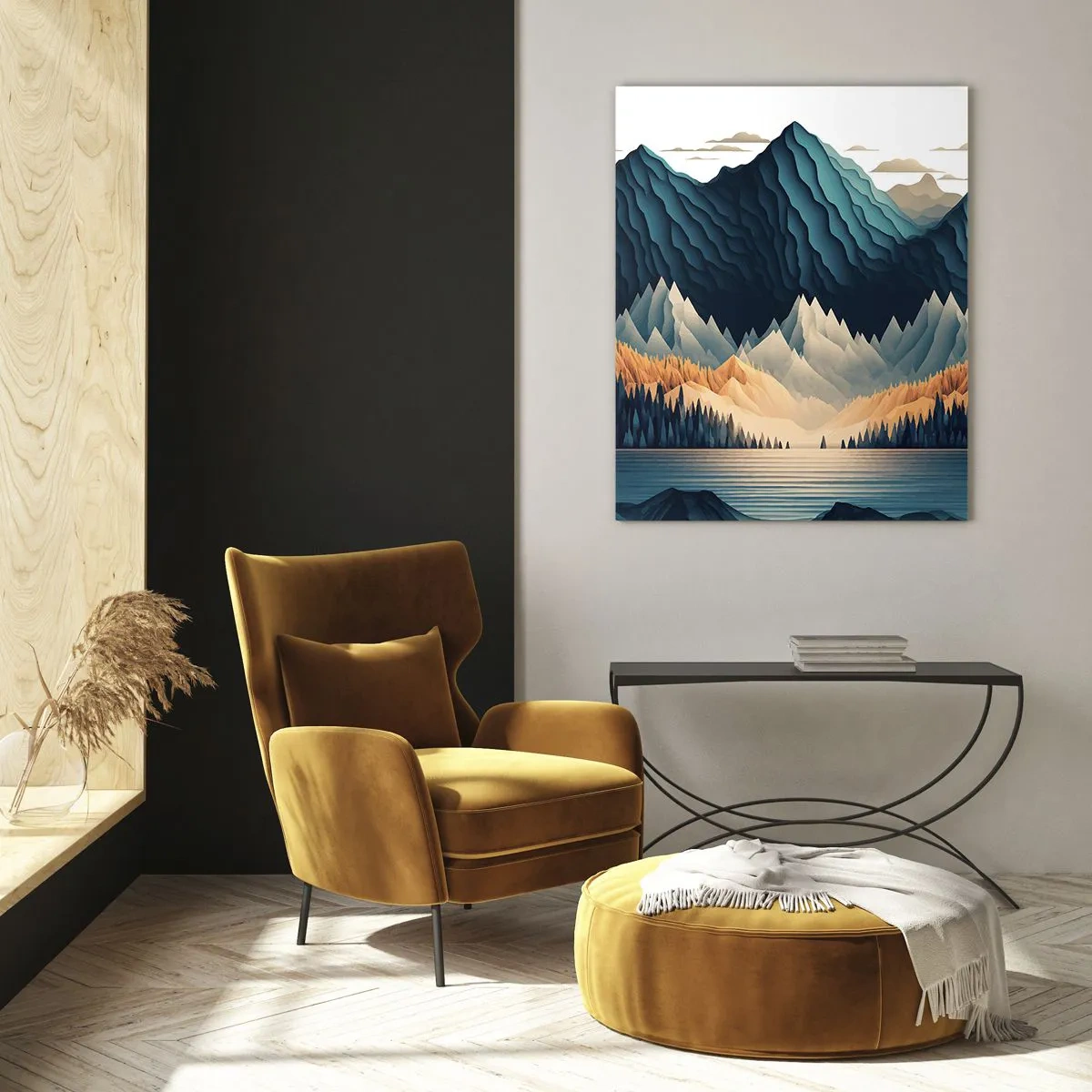 Quadro su vetro - Paesaggio montano stilizzato con una foresta e un lago - 50x70cm - Perfetto paesaggio montano - Decorazione murale moderna per soggiorno e camera da letto ARTTOR